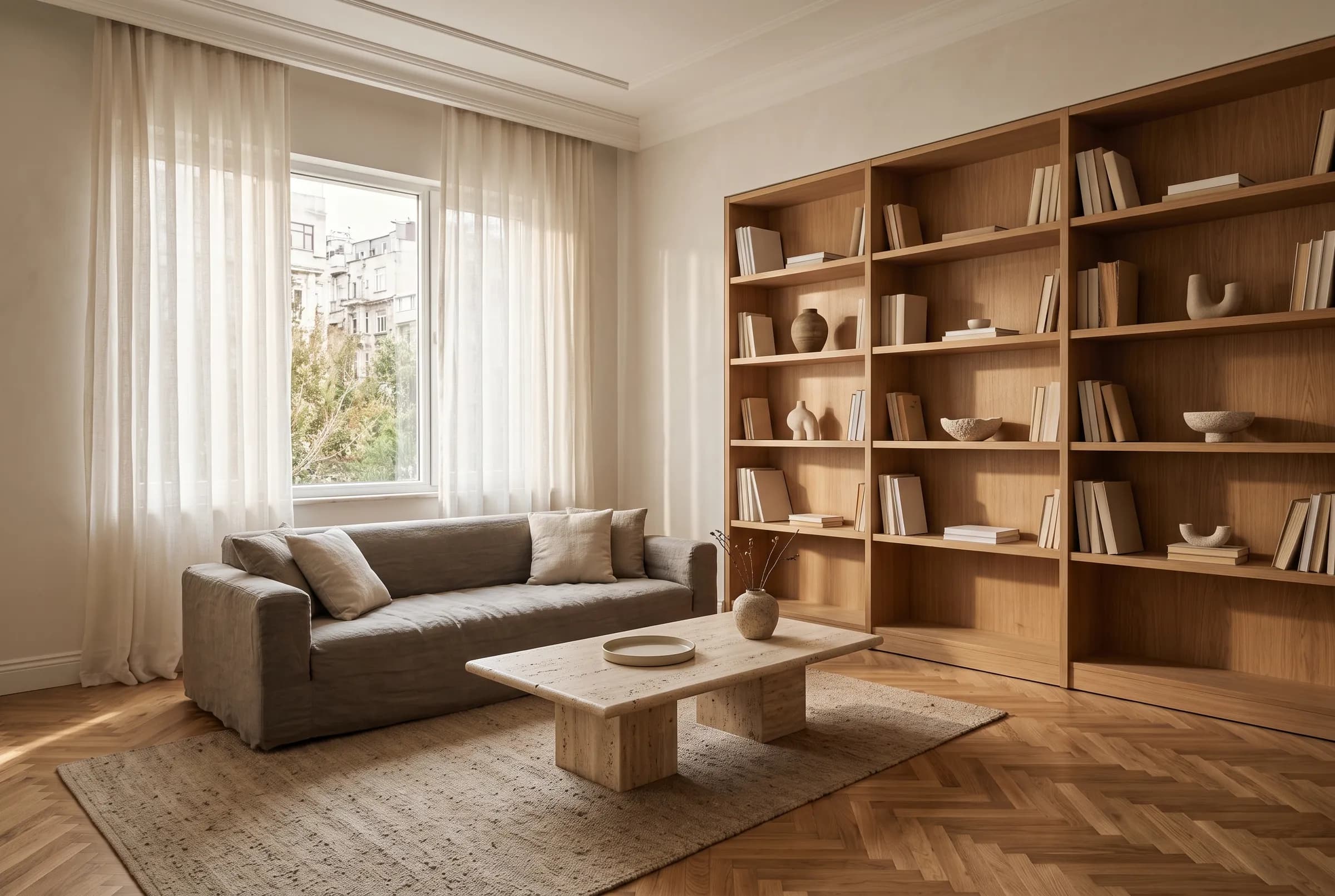Balıksırtı meşe parkeli salon ve gömme kitaplık